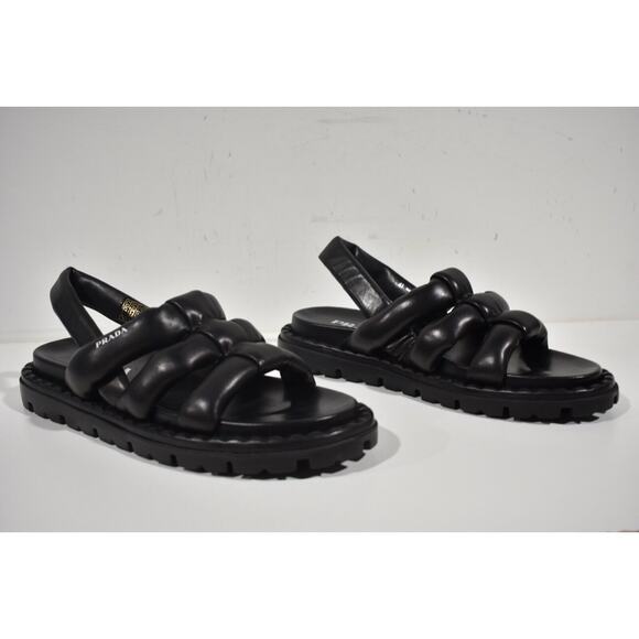 Prada Blow Black Padded Leather Logo Strappy Slingback Sport Sandal Flat 40 - Picture 4 of 12